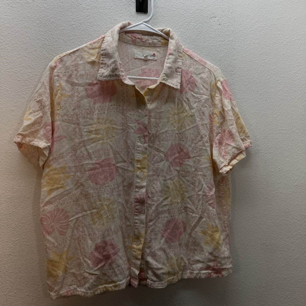 Angel Kiss Sz M Vacation Print Seashell Print Linen Blend Button Up Top Beachy